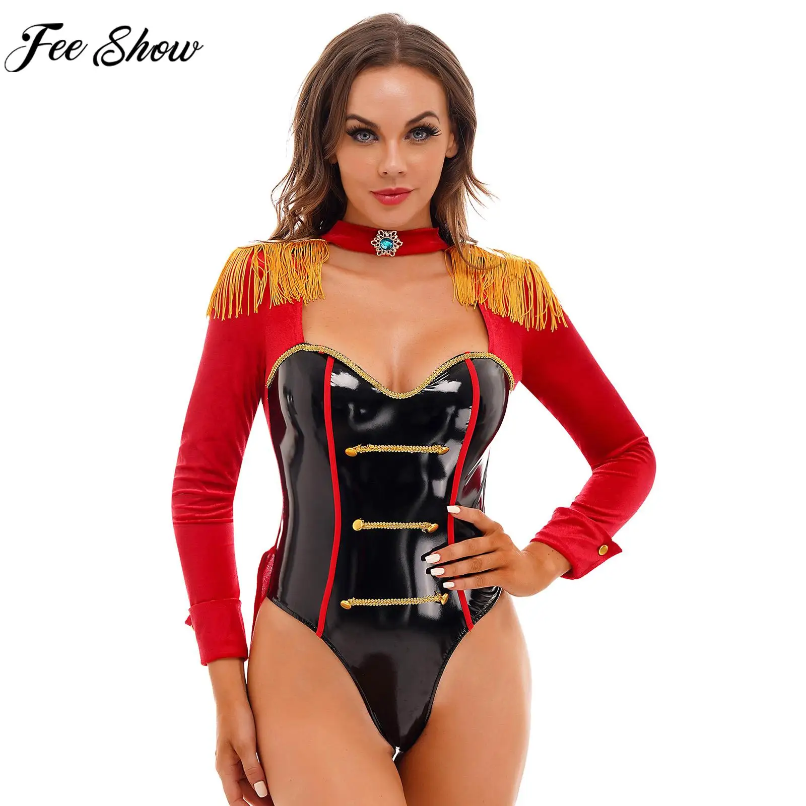 

Women Halloween Circus Ringmaster Cosplay Costume Long Sleeve Tassel Bodysuit Tuxedo Theme Party Carnival Roleplay Clothing