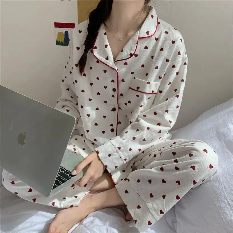 comfortable soft home clothes love heart print long shirts pants homewear sleepwear autumn women pajamas set cute