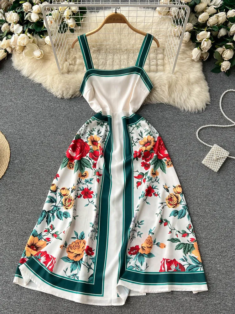 

Summer Retro Floral Suspender French Dress Off-the-shoulder Waist-slender Mid-length A-line Female Vestidos Women D1360