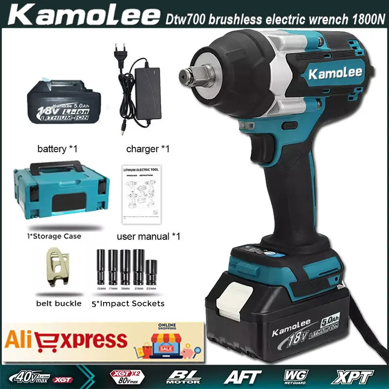 

Kamolee DTW700 Electric Brushless Impact Wrench 1800 N.m High Torque Power Tools 1/2 Inch for 18V Makita Battery.