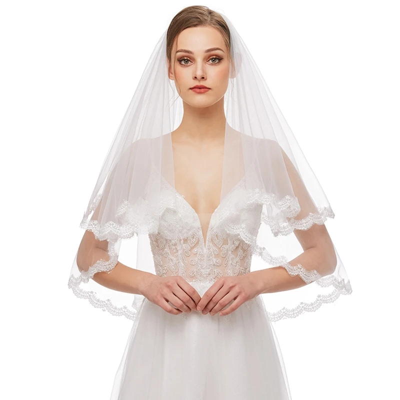 

Wedding Bridal Veil with Metal Comb White Tulle Hair Accessories for Brides Elbow Length 2 Layers Lace Trim Photo Props