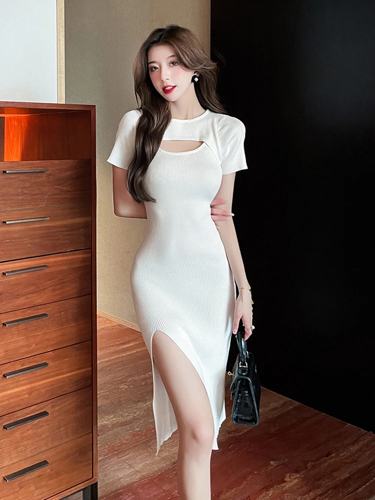 Женское трикотажное платье-карандаш средней длины Белое и черное ажурное