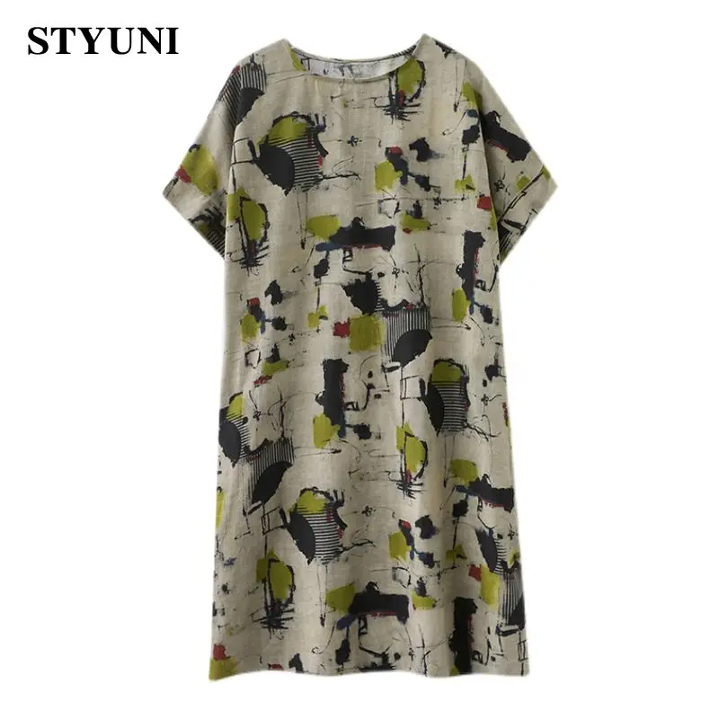 

Graffiti Print Vintage Loose Waist Cotton Linen Women's Dress Summer Short Sleeve Round Neck Korean Mid-Calf Dresses For Women
