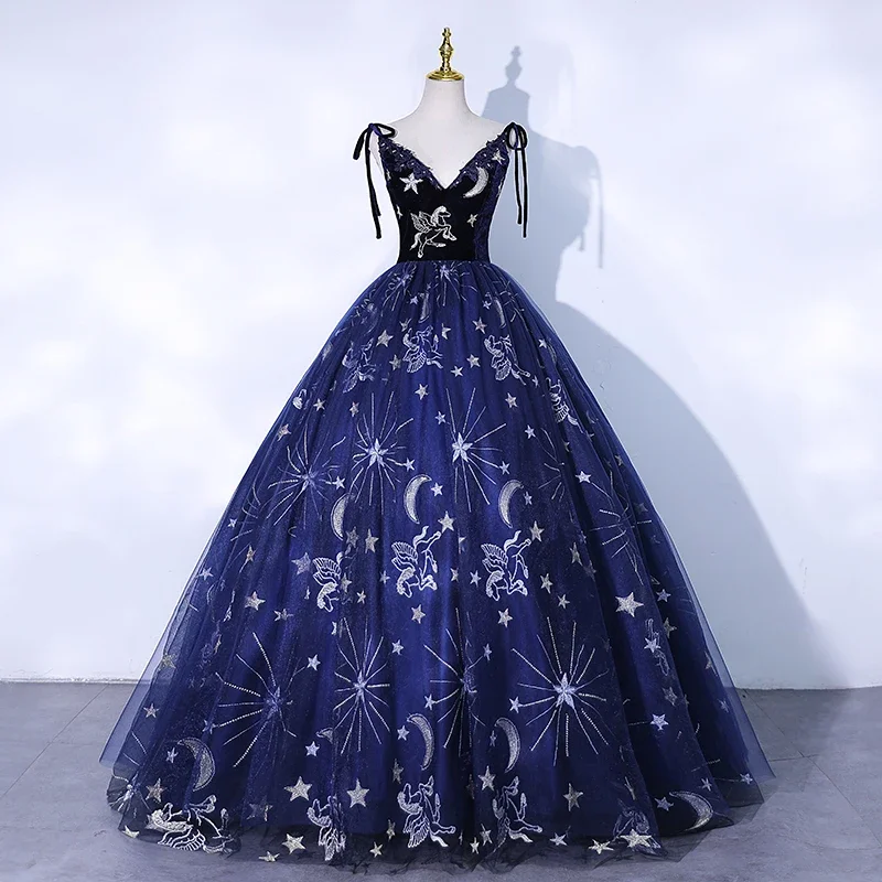 Вечернее платье по индивидуальному заказу темно-синее с v-образным вырезом без