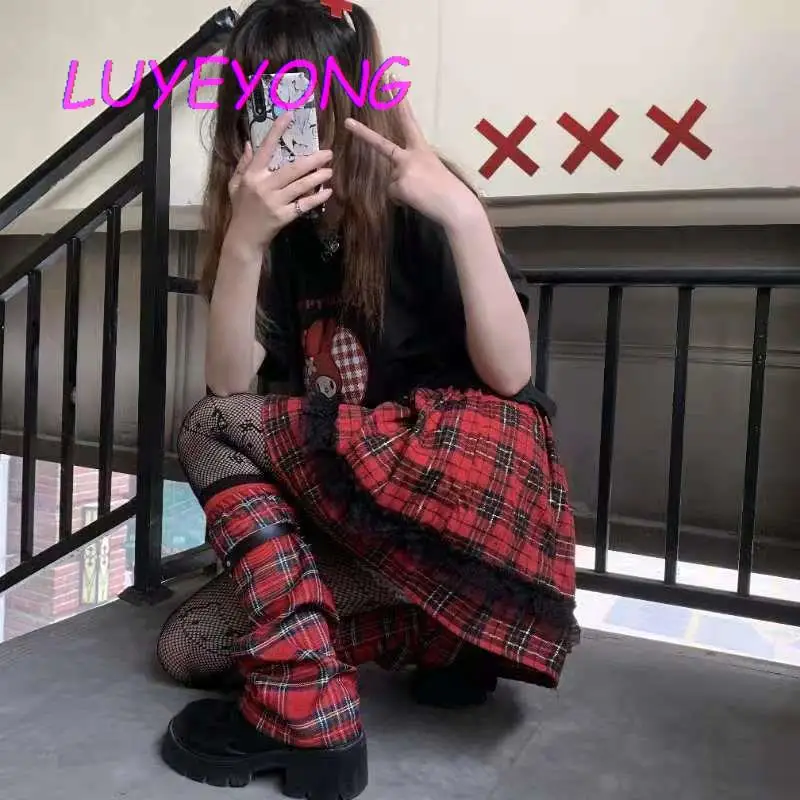 Корейская мода Y2k Милая клетчатая кружевная короткая юбка с эластичной талией