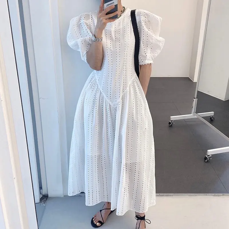 

SuperAen 2022 Summer O Neck Openwork Lace Hollow Out Puff Sleeves Solid Big Swing A-LINE Casual Dress for Women