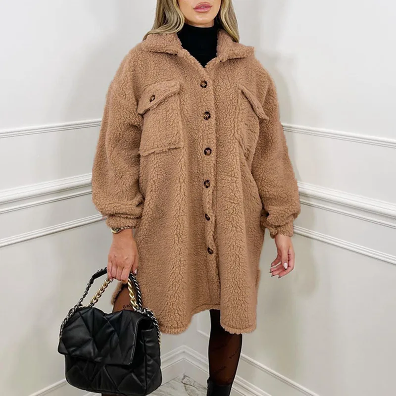 Pure Color Warm Faux Fur Pocket Lamb Wool Single-breasted Temperament Jacket Women Autumn and Winter Street Style New Jacket