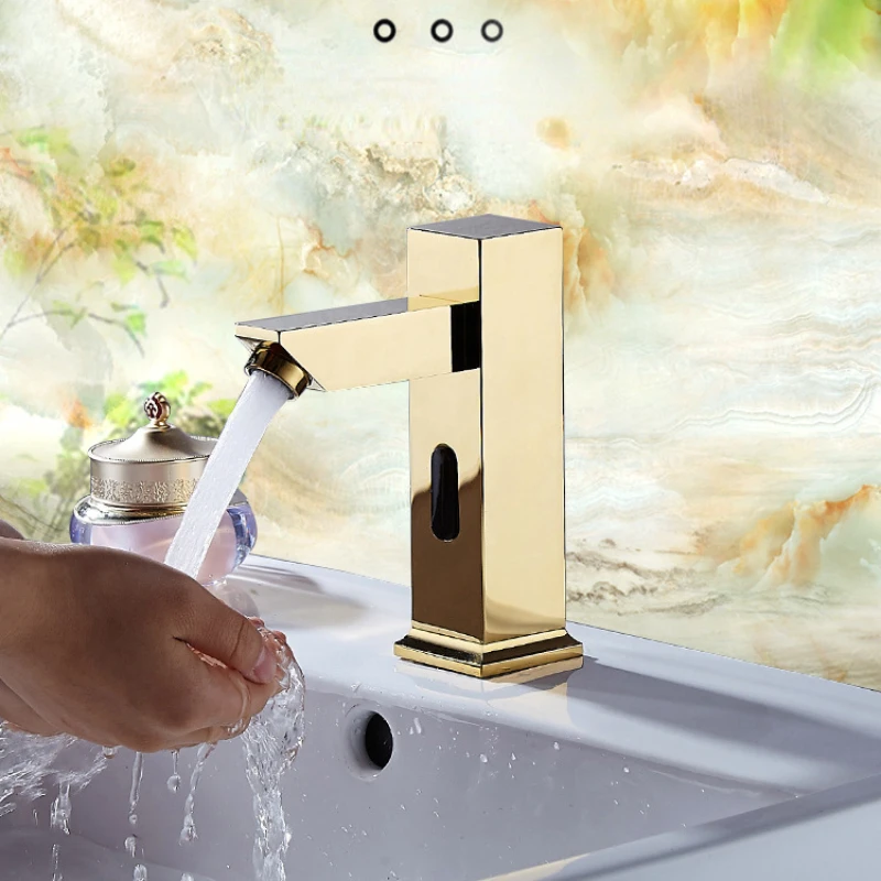 

Gold Bathroom Sensor Faucet Brass Sink Mixer Tap Smart Sensor Basin Faucet Infrared Kitchen Faucet Sensing Touchless Vanity Tap