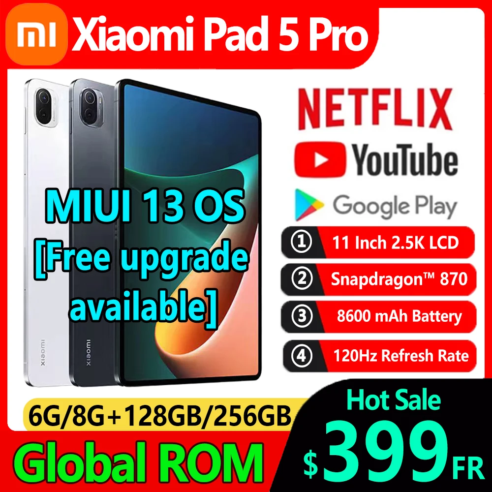 Планшет Xiaomi Mi Pad 5 Pro с глобальной прошивкой 11 дюймов 2 K ЖК-дисплей 120 Гц Snapdragon 870 6