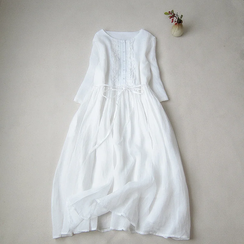 

Женское длинное пляжное платье с вышивкой, белое повседневное плиссированное платье с круглым вырезом, винтажное богемное элегантное плат...