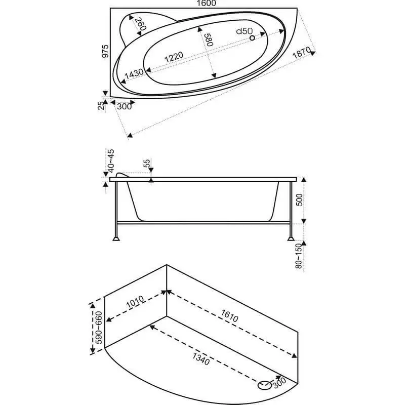 Ванна акриловая Bas Сагра 160х100х66 угловая асимметричная (левая) с каркасом |