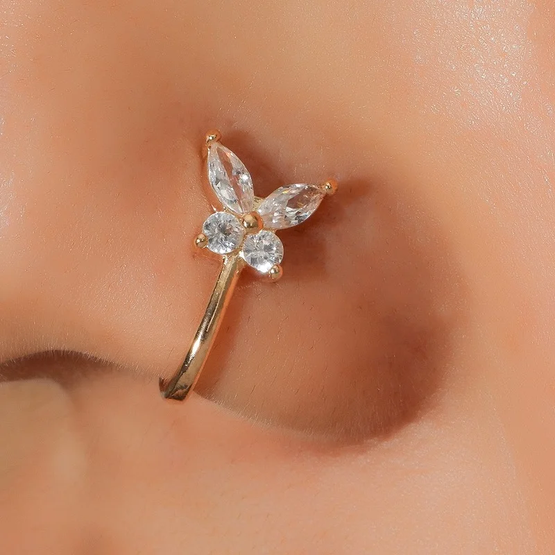 

1pc Trendy Zircon Crystal Butterfly Nose Rings Retro U Shaped Copper Fake Piercing Nose Clip for Women Girls Body Jewelry