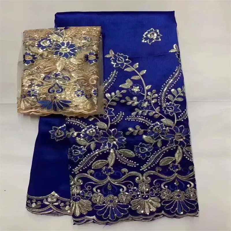 

African George Fabric High Quality Indian Raw Silk George Wrappers Hot Nigerian Lace Fabrics Set with Blouse for Wedding blue