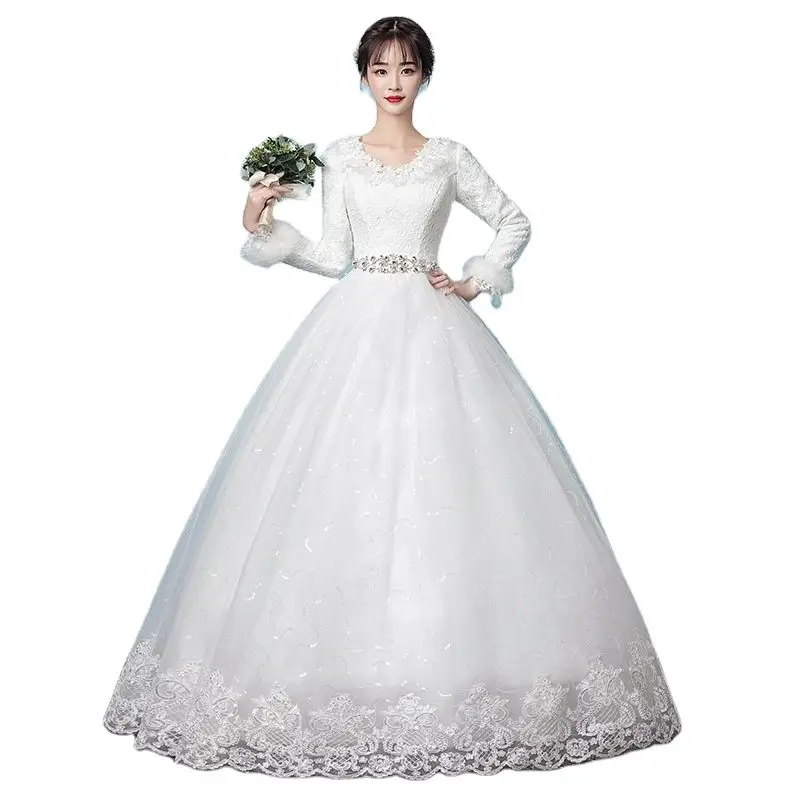 

2022 New French Bride Main Wedding Dress Warm White Long Sleeve Thickening
