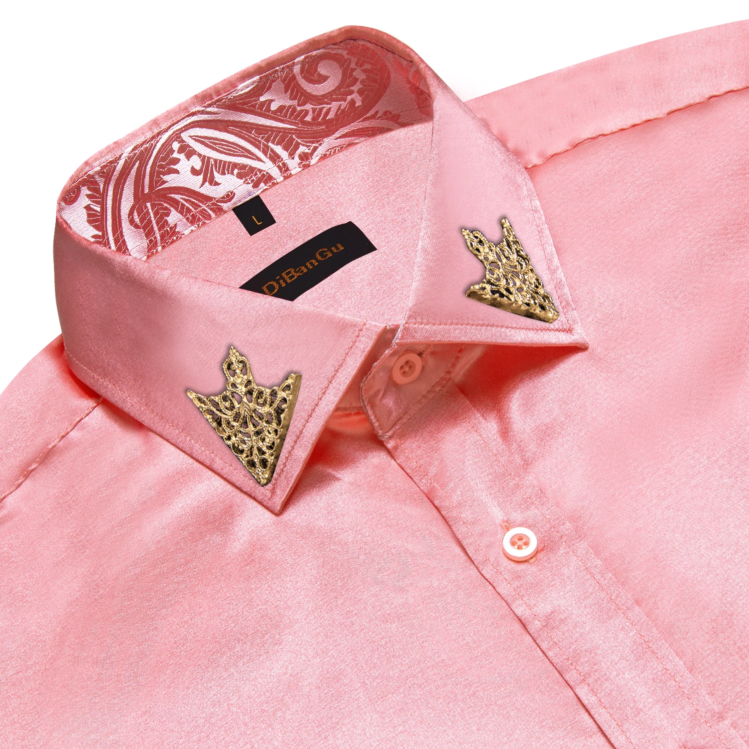 Pink Men Shirt with Necktie Brooch Set Fashion Solid Turn-down Collar Long Sleeves Shirts for Man Wedding Party Daily Wearing