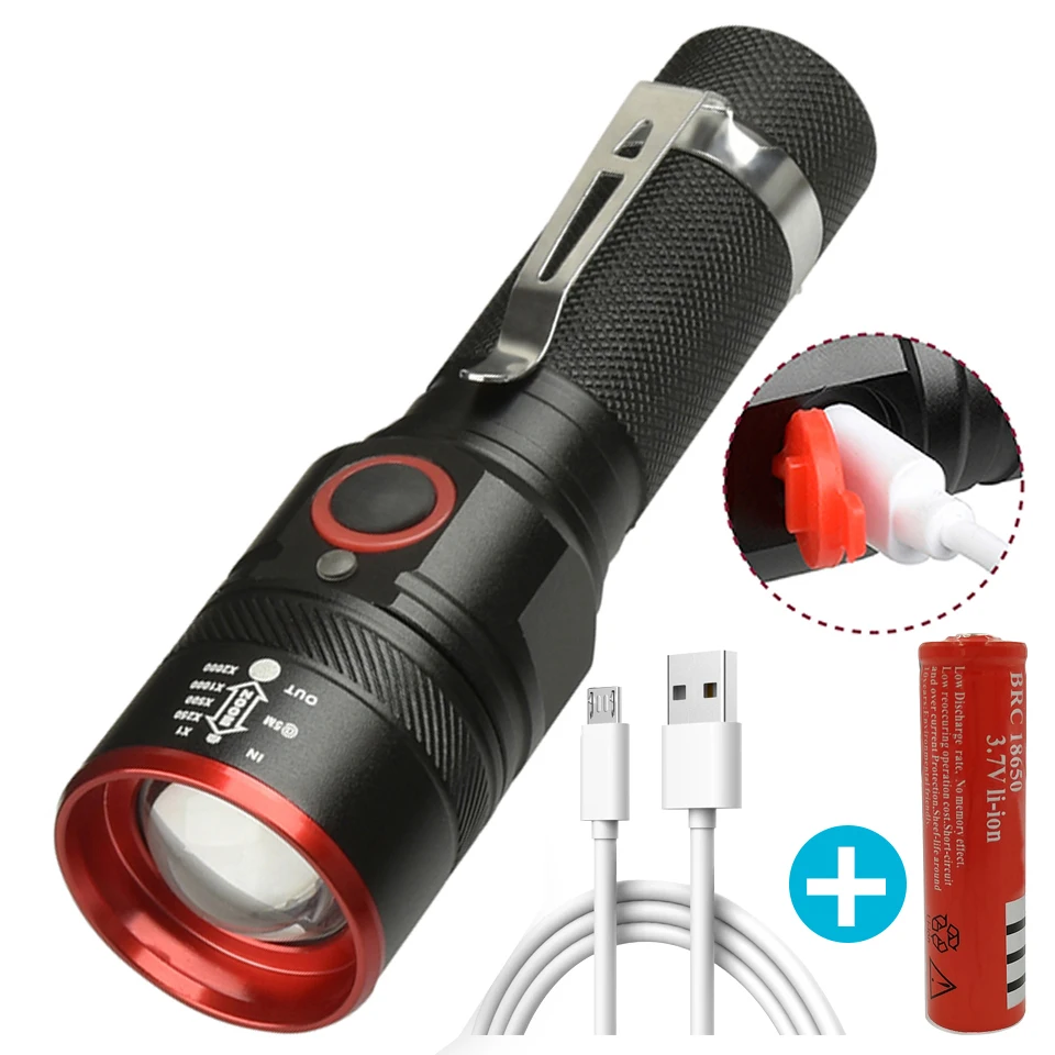 

high quality Aluminum XM-L T6 Led Flashlight Usb Rechargeable Torch 18650 Battery Zoomable Lantern Waterproof for Camping Light