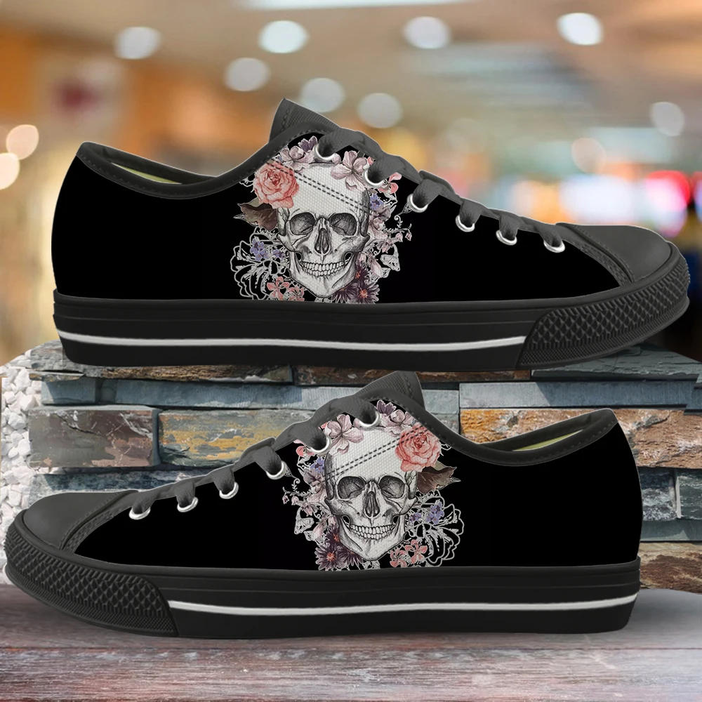 

Fashion Horror Skull Design Sneakers 3D Printing Floral Girls Casual Lace-up Canvas Shoes Breathable Lightweight Flat Shoes