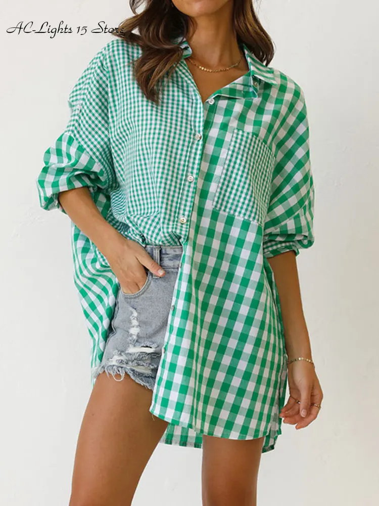

Plaid Patchwork Blouses Women 2023 Spring Loose Drop Shoulders Oversize Shirts with Pocket Office Ladies Long Sleeve Blouses Top
