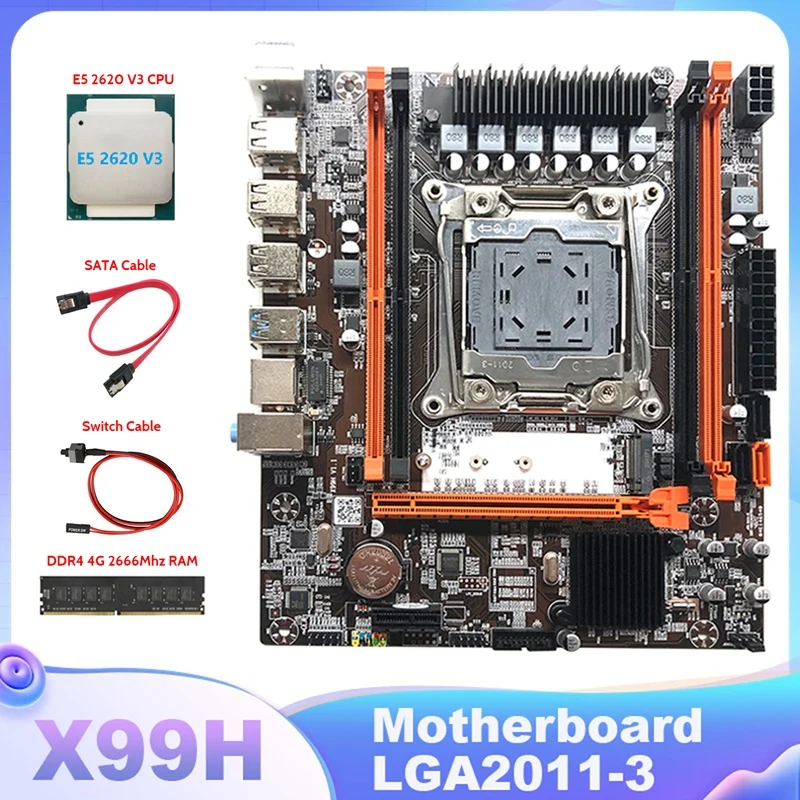 

Материнская плата X99H, системная плата компьютера с процессором E5 2620 V3 + DDR4 4G 2666 МГц ОЗУ + кабель SATA + кабель переключения