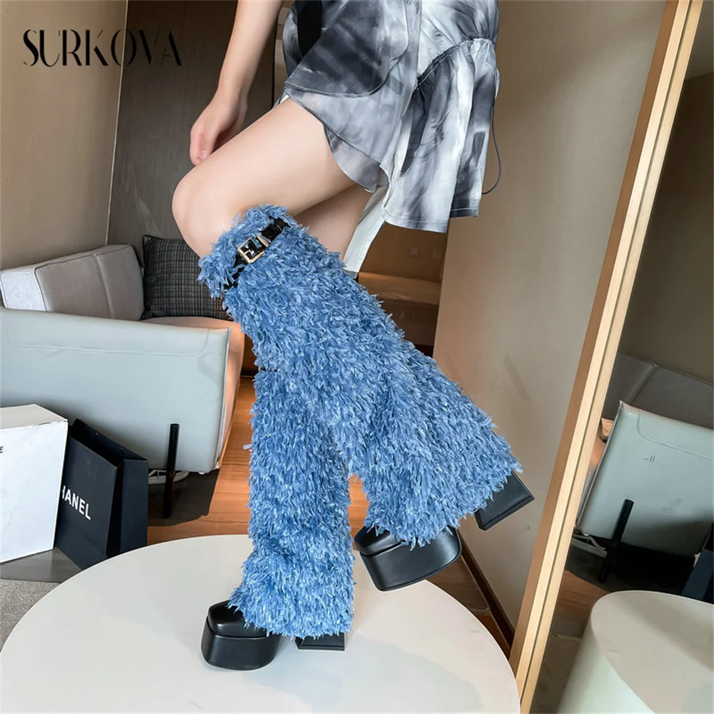 Women's Boots Fur Boots Autumn Winter New Square Toe Thick Heel Super High Heel Belt Buckle Women's Knee High Boots Cotton Boots