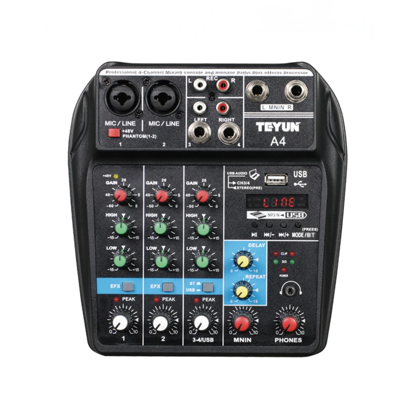 

Audio InterfaceSound Mixing Console Bluetooth USB Record Computer 48V Phantom Power Delay Repaeat Effect 4 Channels Audio Mixer