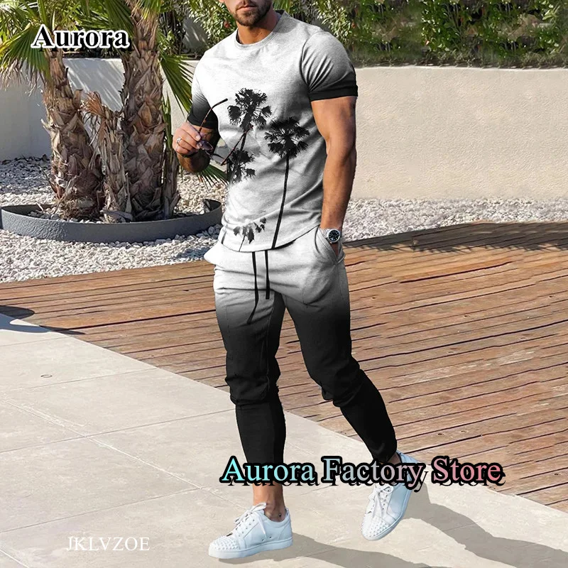 Summer Men's Casual Tracksuit 2 Pieces Palm Trees T-Shirt Trousers Set Jogging Suit Fashion Outfit Male Beach Style Streetwear