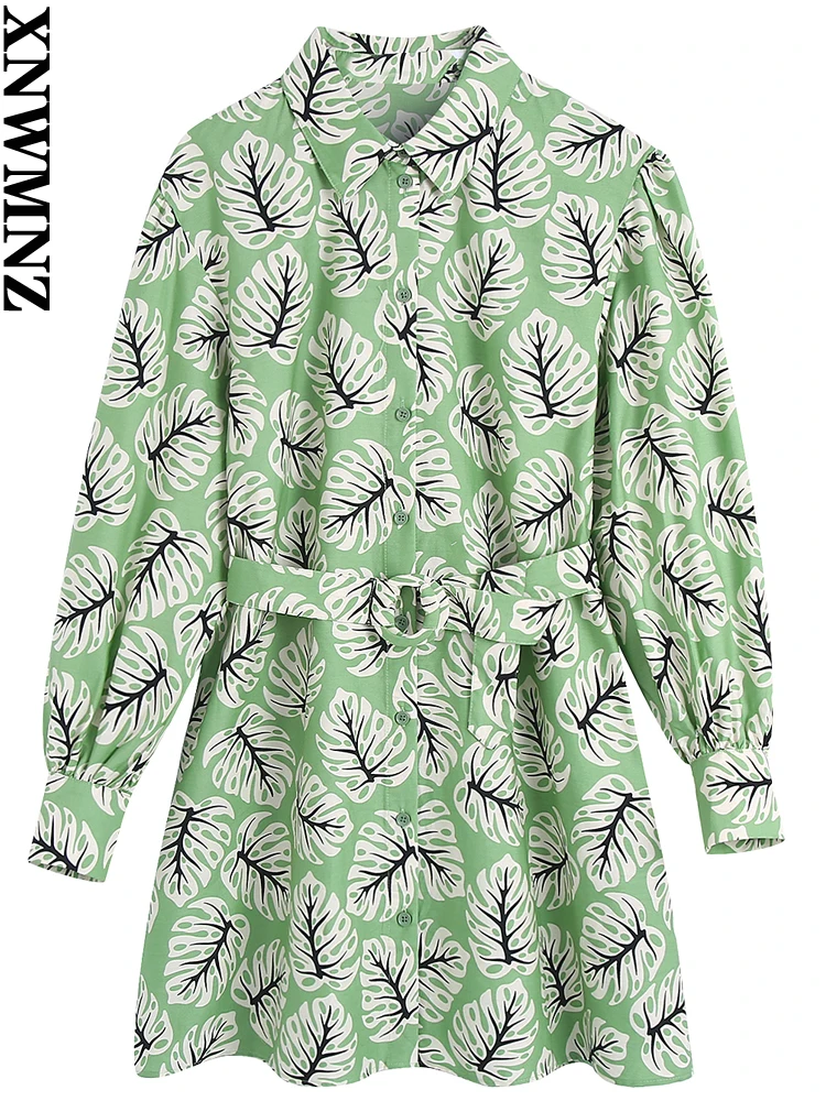 

XNWMNZ New women fashion with belt short printed dress female Vintage boho lapel long sleeves summer button-up shirt dresses