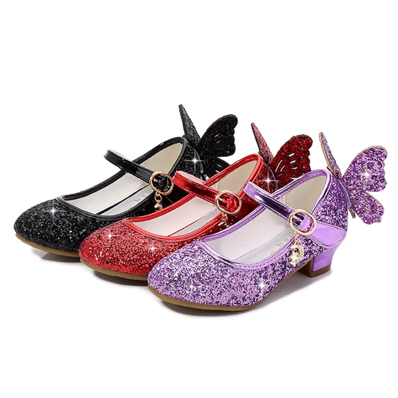 Girls Leather Shoes Princess Shoes Children's Sequin Butterfly High Heel Sparkling With Light Dancing Shoes