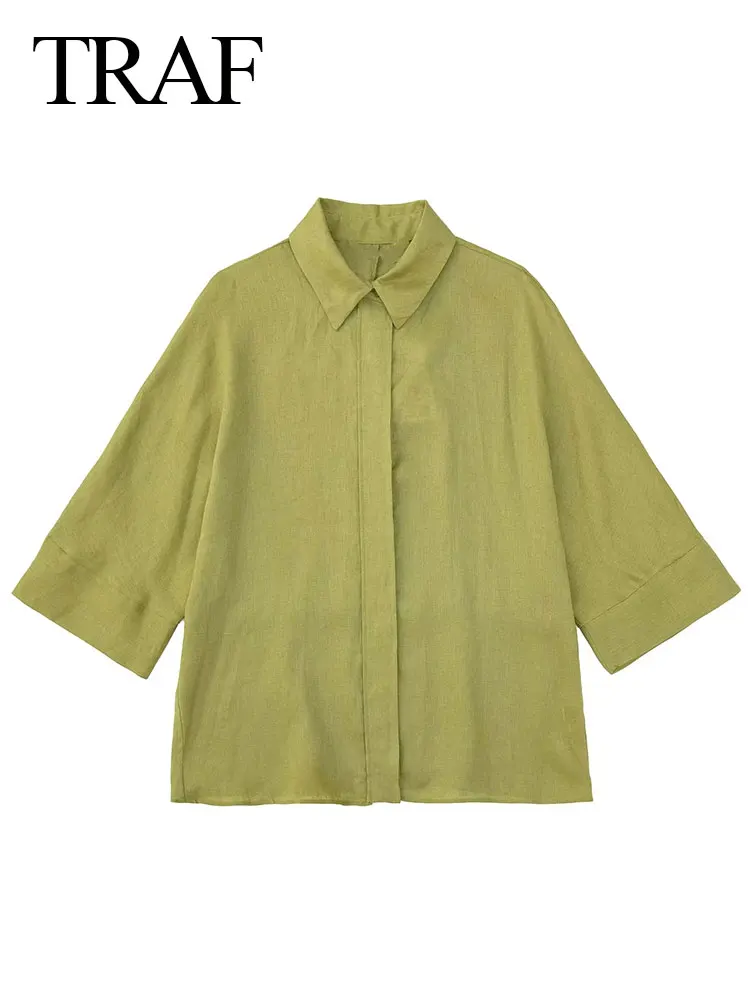 

TRAF Women's Vintage Lapel Short Sleeve Shirts Hidden Single Breasted Loose Blouse Solid Fashion Female Casual Linen Tops