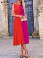 maxi dresses for women 2022 vonda summer long robe dress female casual color patchwork tank vestidos femme beach sundress