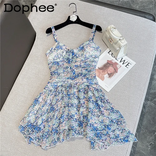 

Женское шифоновое платье с цветочным принтом, облегающее платье во французском стиле с узкой талией и асимметричными бретельками, лето 2022