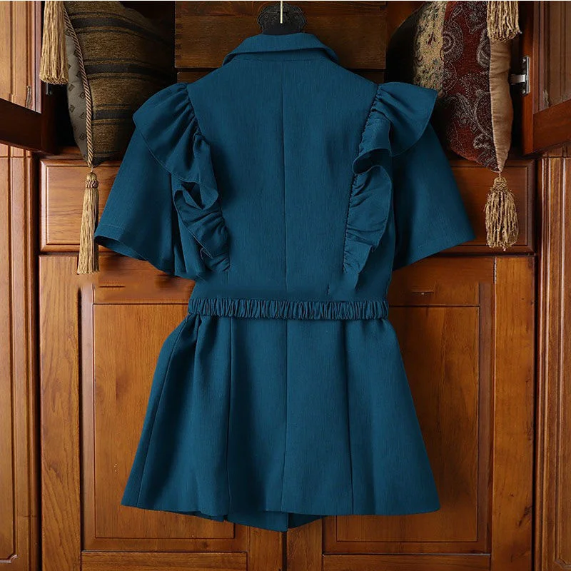Two Pieces Set Women 2021 Summer Single Button Loose Ruffle Blazer Suits Solid Short Sleeve Shorts Office Ladies Suits Large