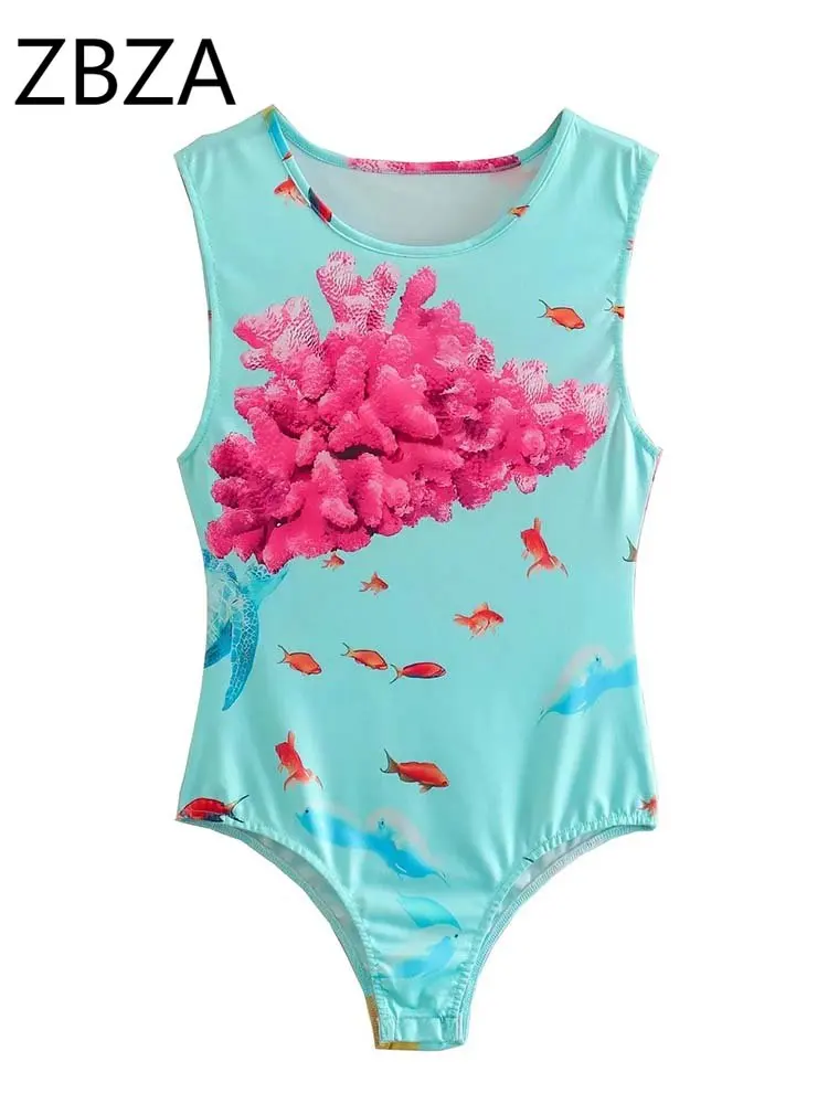 

ZBZA 2023 Print Bodysuit Women Hem Press Button Slim Bodysuits Sexy​ ​Women Body Playsuits Beach Rompers Top