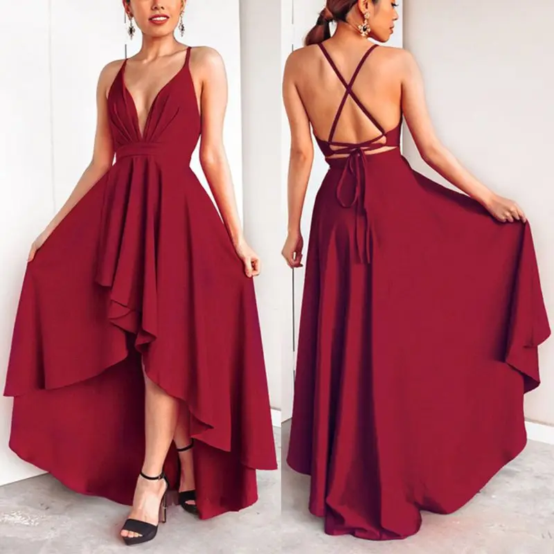 

Женское вечернее платье макси, однотонное платье с глубоким V-образным вырезом, рюшами, высокой талией, асимметричным подолом P8DB