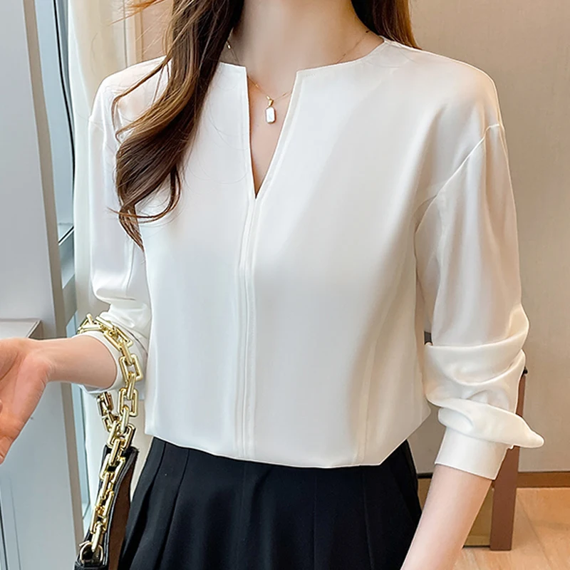 

Autumn Women's 3/4 Sleeve V-neck Vintage Lantern Sleeve Solid Simple Commuter Chiffon Shirt Blusas De Mujer Tops Blouse A154