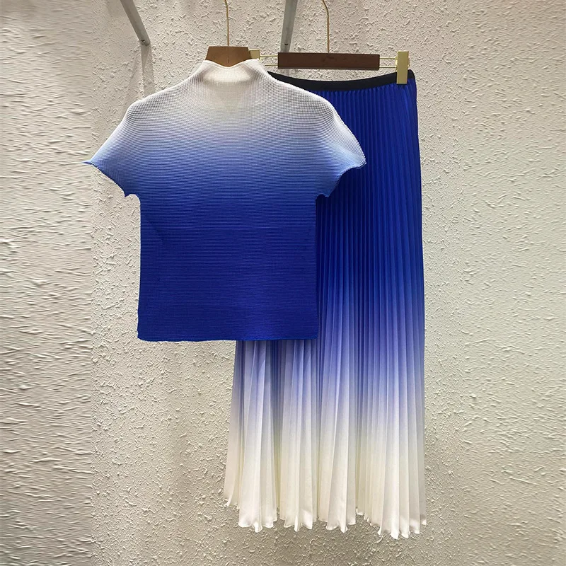 

Half-length Skirt Suit Summer Top Pleated Bust Skirts Lady Two Piece Set Outfits Blue Pureple High-end Gradient Color Women