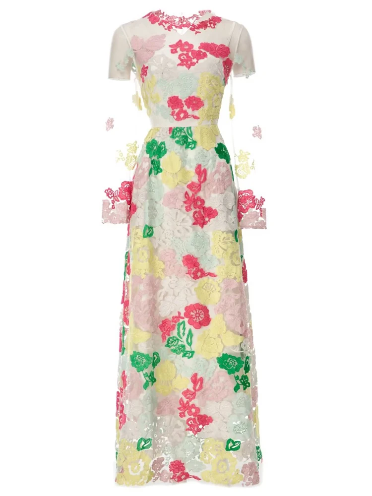 

Runway Spring Ladies New Bohemian High Quality Sexy Gorgeous Party Luxury Sexy Girls Elegant Flower Embroidery Mesh Long Dress