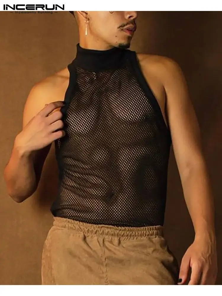 

Men Mesh Tank Tops Turtleneck Sleeveless Sexy See Through Casual Vests 2022 Streetwear Party Nightclub Men Tops S-5XL INCERUN