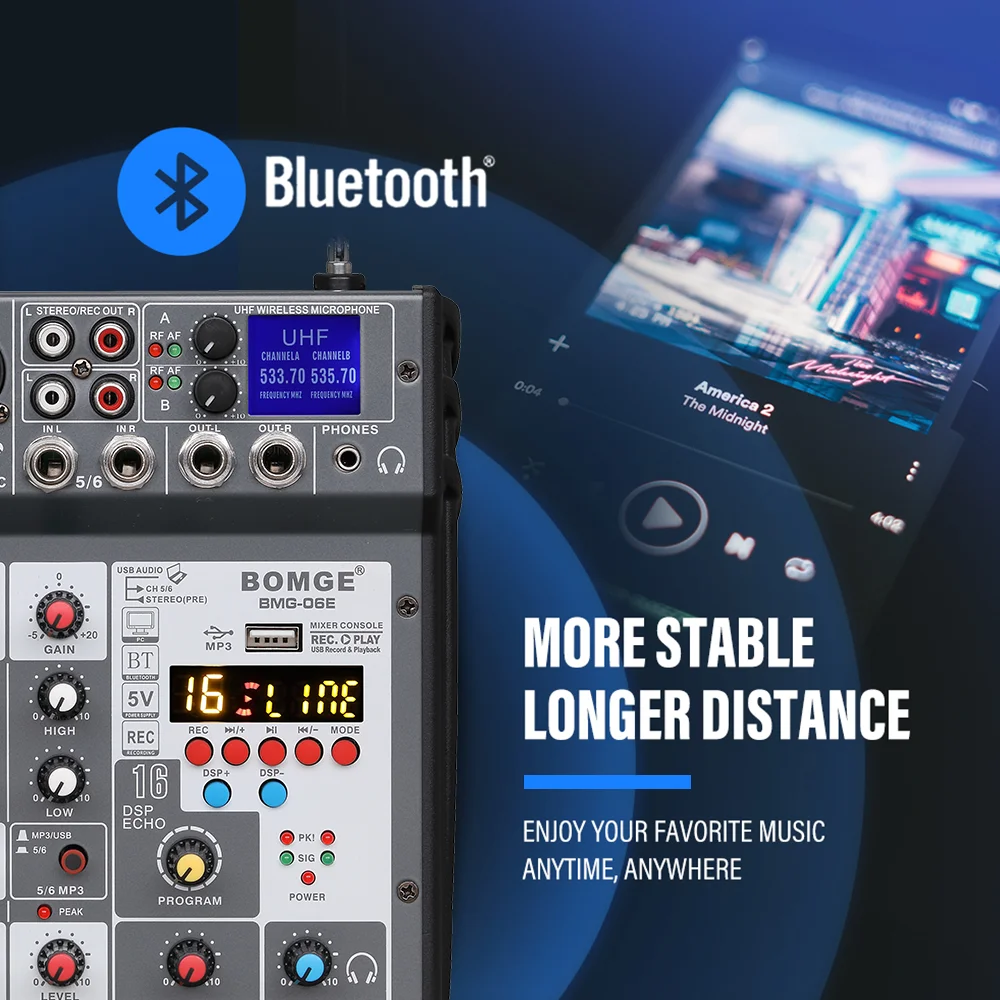 Профессиональный 6-канальный аудиомикшер встроенный 2-х ручной УВЧ микрофон