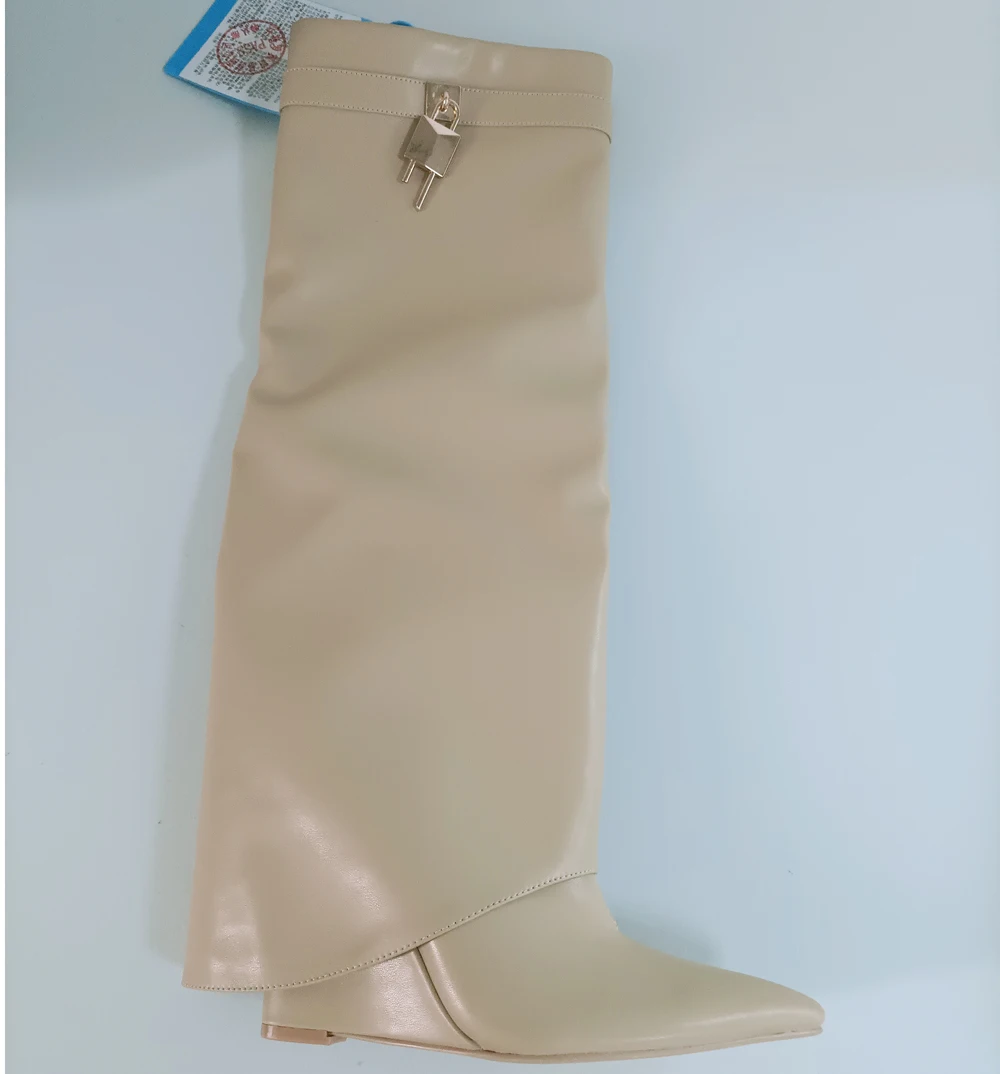 Women Luxury Overlay Ankle Boots Ladies Shoe Black Fold Wedge Booties Lock Shark Booty Big Size Mujer Chaussures Botas Mujer