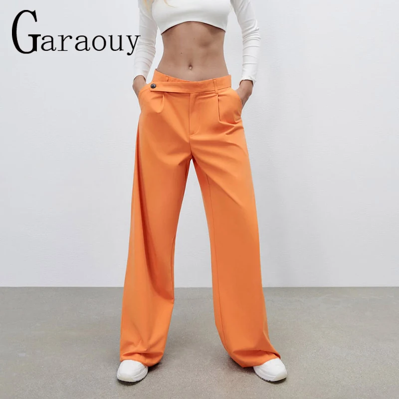

Garaouy 2022 Spring Women Chic Simple Straight Pants High Waist Wide Leg Pants Zipper Female Asymmetrical Trousers Mujer Femme
