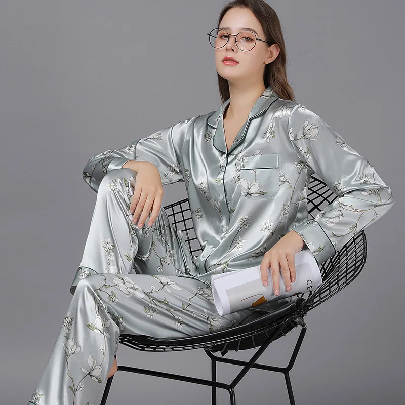 New Ice Silk Pajamas for Women Long Sleeve Thin Section Night Wears Two-piece Set Elegant Luxury Women Pajama Sets Free Shipping
