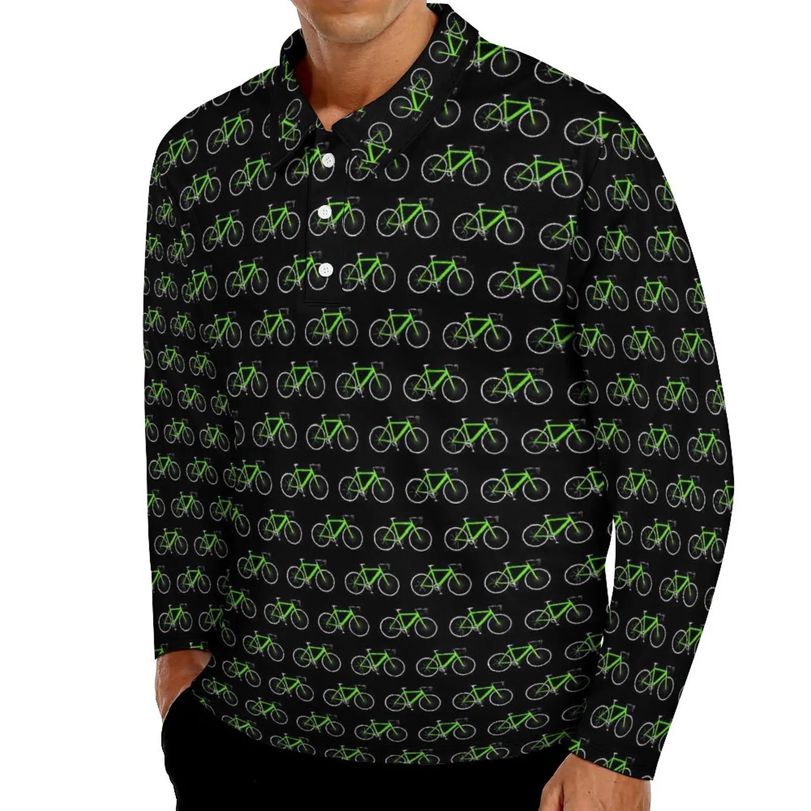 

Retro Bicycles Casual T-Shirts Man Neon Green Bikes Long Sleeve Polo Shirts Collar Y2K Autumn Design Shirt Plus Size 4XL 5XL