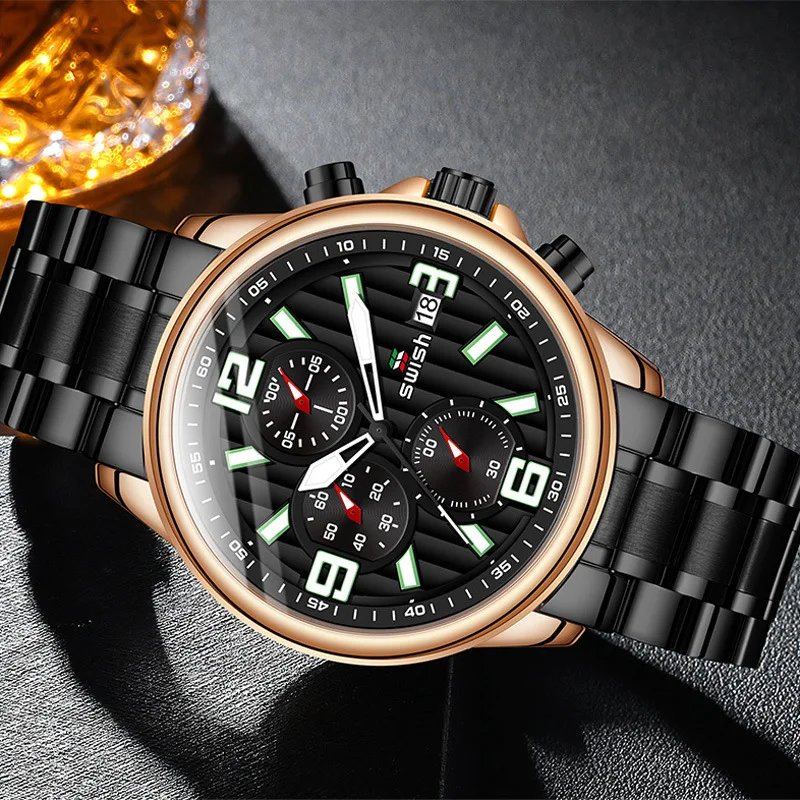New hot-selling multifunctional timing six-pin sports business waterproof fine steel men's watch