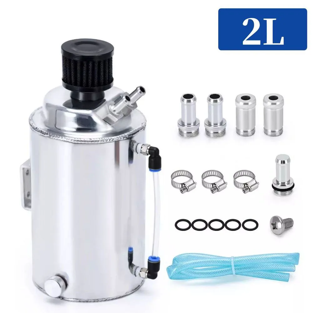 

2L Aluminum Polished Round Oil Catch Tank Separator Reservoir Can 2 Port with Breather Filter