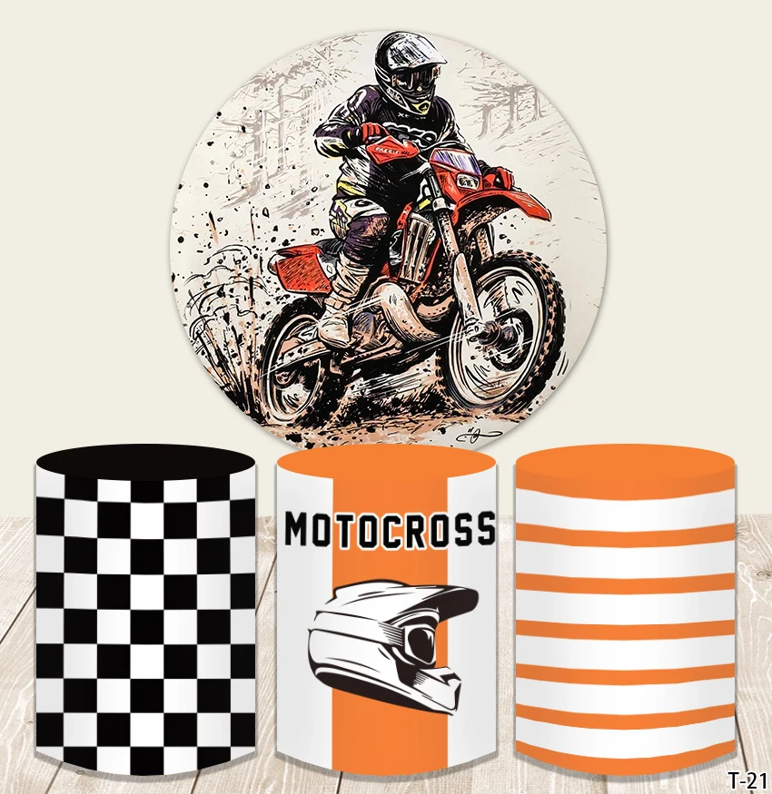 Motorcycle Round Circle Backdrops for Cool Boys Birthday Party Black and White Plaid Photography Backgrounds Customized