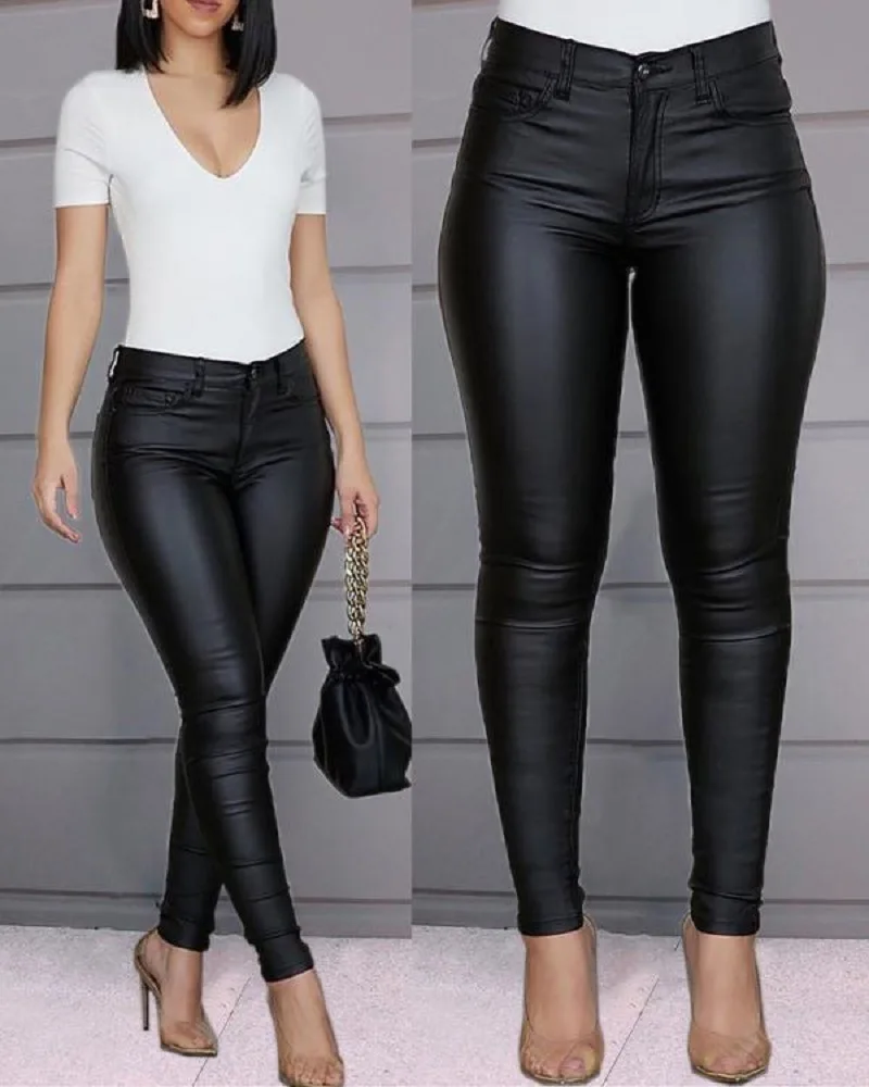 Sexy Women Elastic Solid Color Leggings PU leather High Waist Stretch Close-fitting Trousers with Pockets Night Clubs Legging