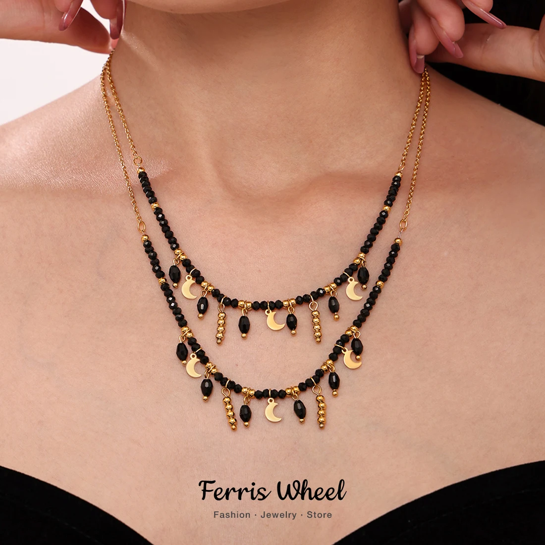 Noble Black Crystal Stainless Steel Necklace for Women Gold Plated Tassel Pendant Luxury Charm Chain Jewelry Gift |