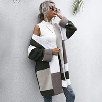 women fall winter v neck loose oversized plaid color block cardigans knitted sweater jacket 2021 fashion open stitch streetwear