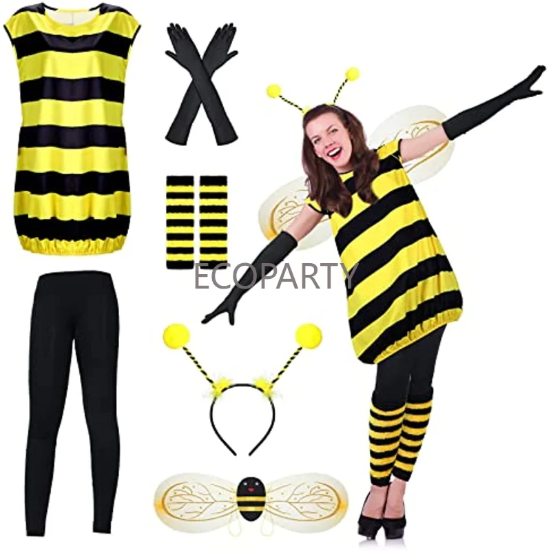 

8 Pcs Bee Costume Set Bee Fancy Dress Wing Fuzzy Leg Warmers Pants Gloves Bee Outfit for Women Bees Cosplay Accessories Party